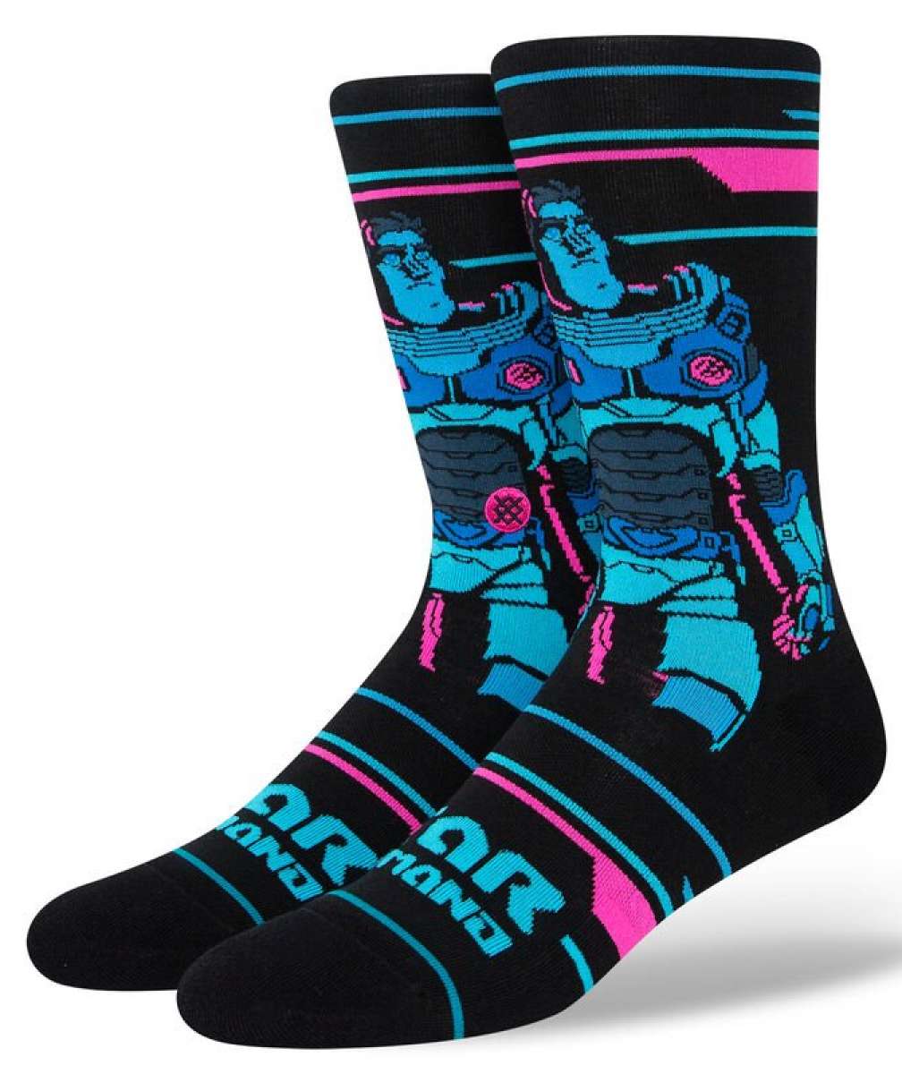 Stance Kids' Lightyear Crew Socks - A pair of black crew socks with a blue and pink design featuring Buzz Lightyear from Toy Story.