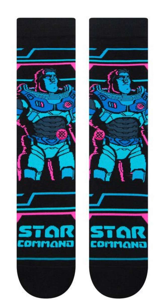 Stance Kids' Lightyear Crew Socks - A pair of black crew socks with a cartoon character in blue and red space suit on them.