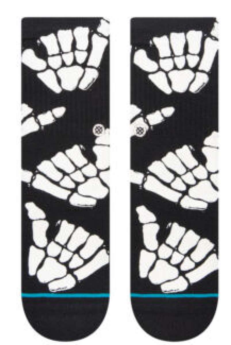 Stance Kids' Zombie Hang Crew Socks 2023 - Black socks with white zombie hands and feet in various poses.