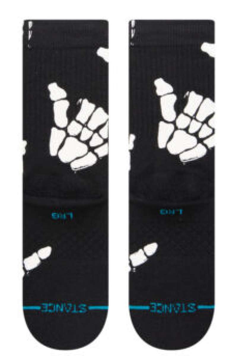 Stance Kids' Zombie Hang Crew Socks 2023 - Black crew socks with white zombie hands and feet graphic.