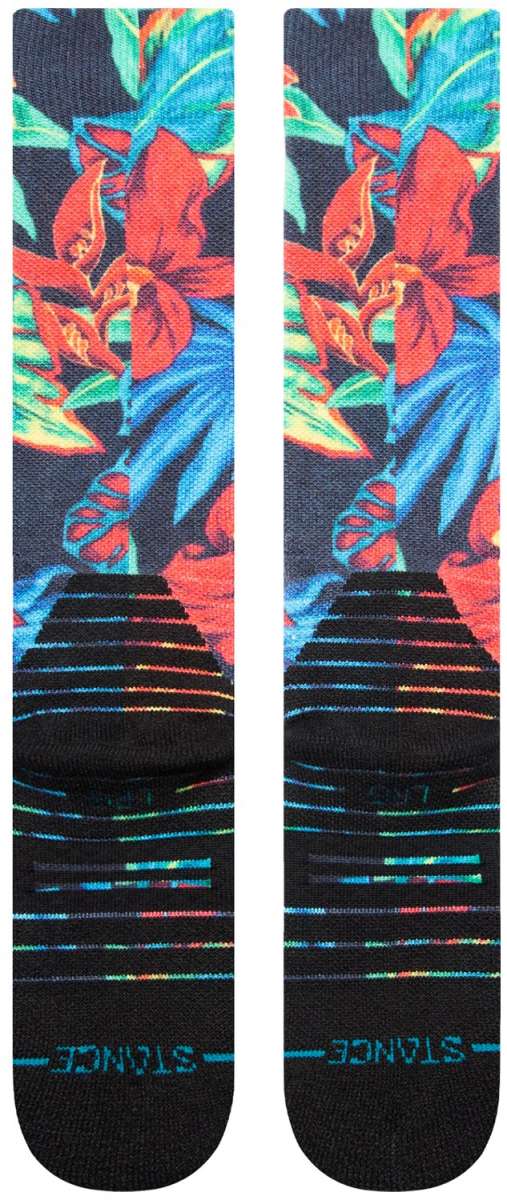 Stance Kids Bomin Snow Crew Sock 2024 - A pair of crew socks with a colorful, abstract design featuring red and blue shapes on a black background.