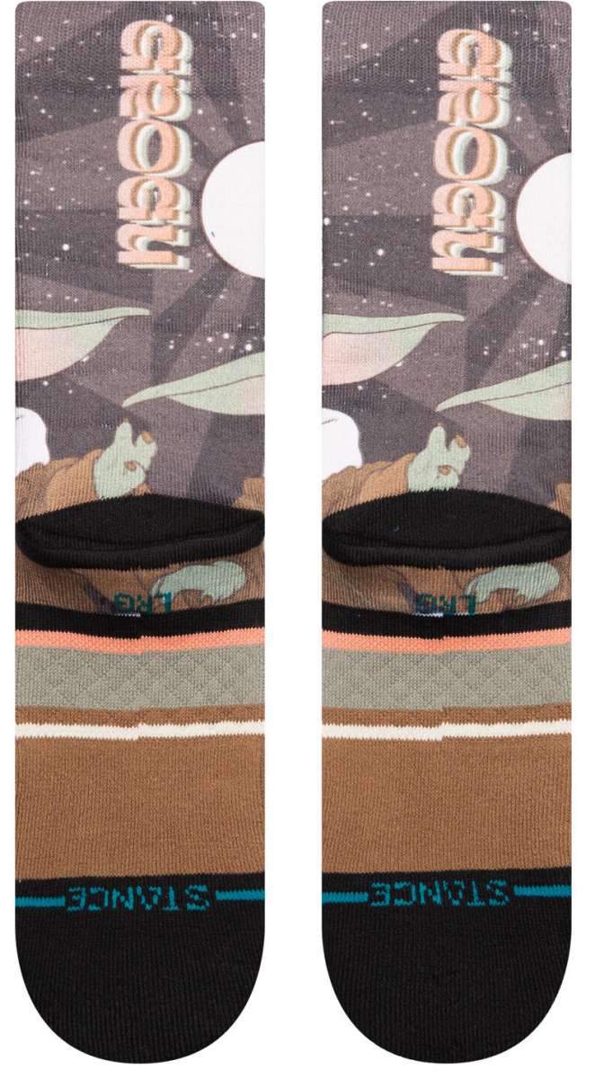 Stance Kids Grogu By Jaz Crew Sock 2024 - A pair of crew socks with a cartoon image of Grogu from The Mandalorian on them, featuring brown and tan colors.