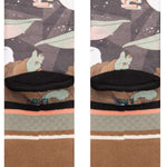 Stance Kids Grogu By Jaz Crew Sock 2024 - A pair of crew socks with a cartoon image of Grogu from The Mandalorian on them, featuring brown and tan colors.