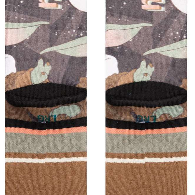 Stance Kids Grogu By Jaz Crew Sock 2024 - A pair of crew socks with a cartoon image of Grogu from The Mandalorian on them, featuring brown and tan colors.