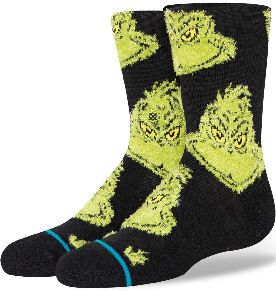 Stance Kids Mean One Crew Sock 2024 - A pair of black crew socks with a repeating pattern of mean-mugging green cartoon characters.