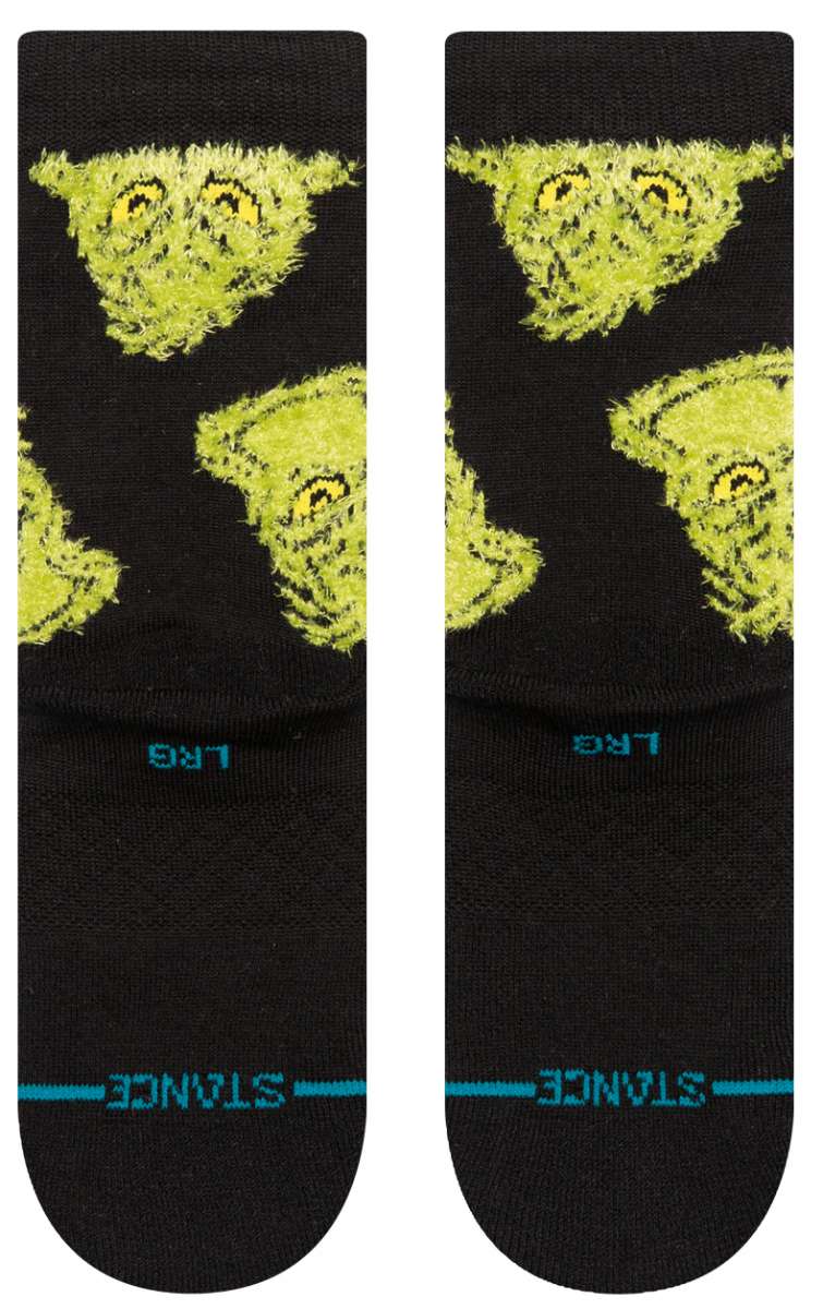 Stance Kids Mean One Crew Sock 2024 - A pair of black crew socks with a cartoonish green monster face on them.