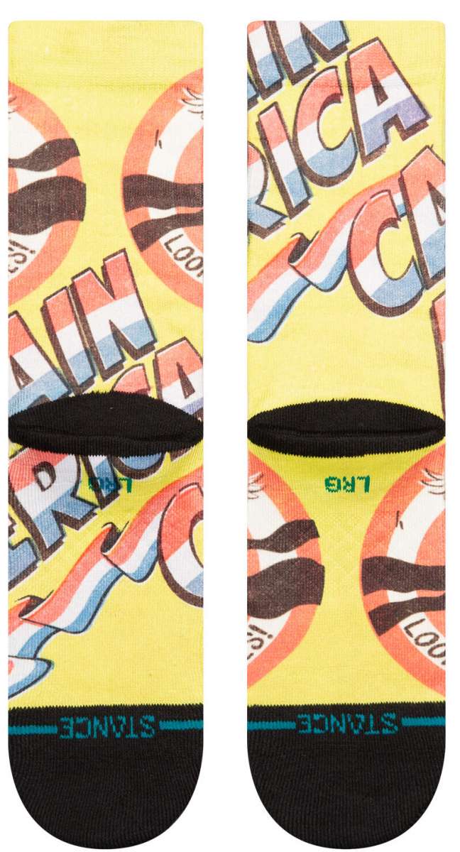 Stance Kids No Cavities Crew Sock 2024 - A pair of crew socks with a cartoon tooth and "No Cavities" written on them in blue, pink, and white.