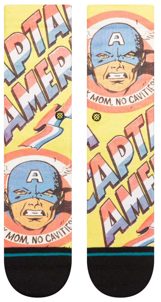 Stance Kids No Cavities Crew Sock 2024 - A pair of crew socks with a blue and red design featuring a tooth and the words "No Cavities".