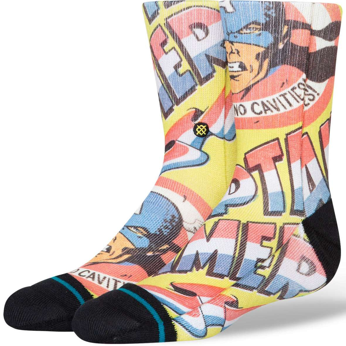 Stance Kids No Cavities Crew Sock 2024 - A pair of crew socks with a colorful design featuring a tooth and the words "No Cavities".