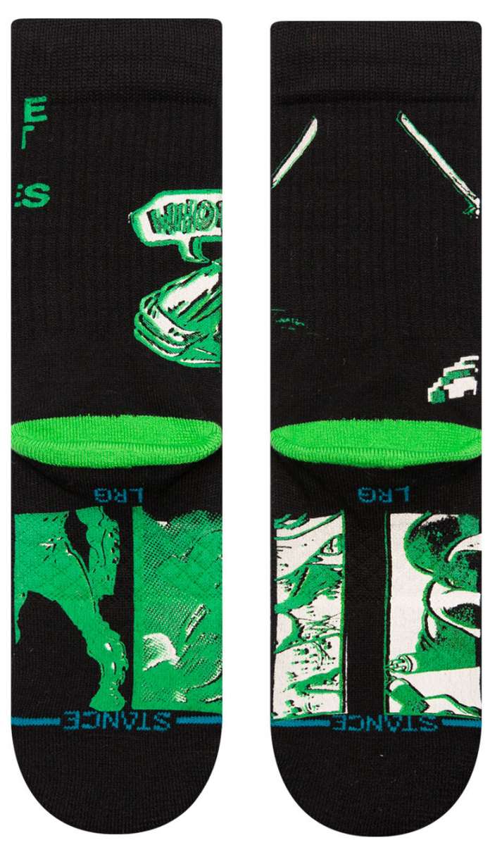 Stance Kids Teenage Mutant Turtles Crew Sock - Green turtle with white mask and red bandana on black background.