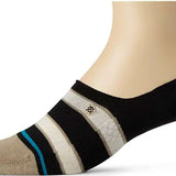 Stance Ladies Canny No Show Sock 2023 - A pair of no-show socks with a black and white striped pattern on top, featuring a blue stripe at the toe.