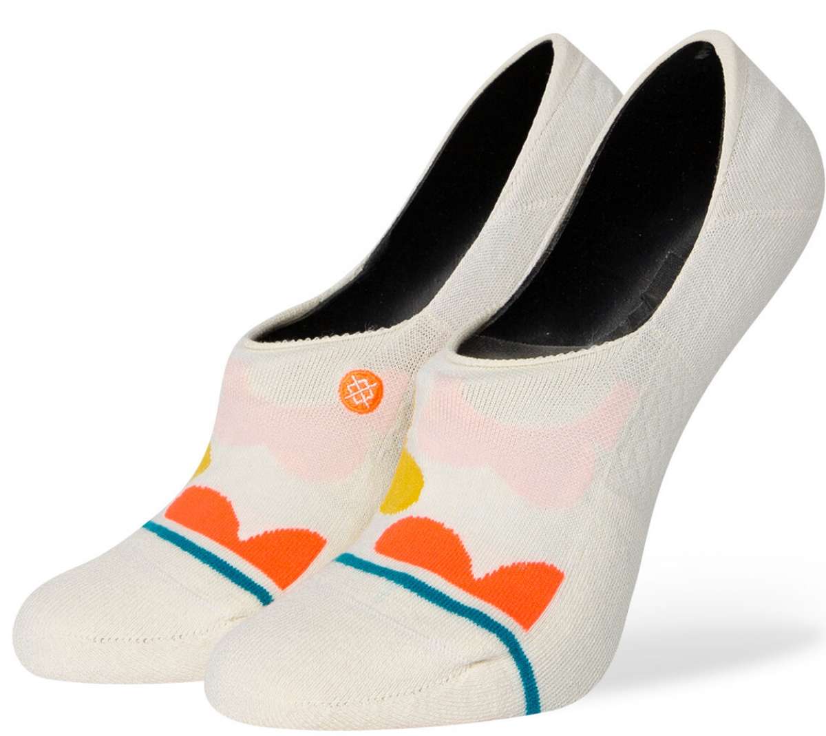 Stance Ladies Hope No Show Sock - White socks with orange, yellow and pink abstract shapes on top of a foot.
