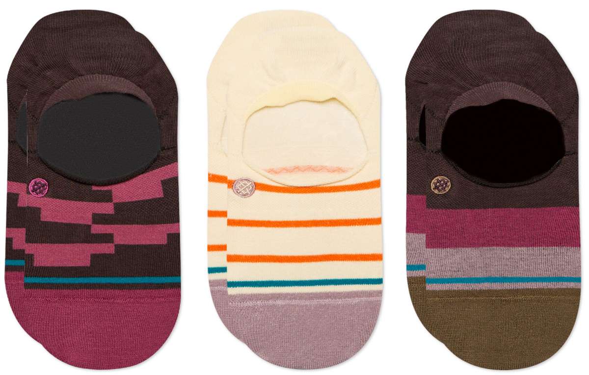 Stance Ladies Momento 3 Pack No Show Socks - Three pairs of no-show socks in a box, with one pair featuring pink and white stripes, another in solid black, and the third in solid grey.