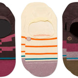 Stance Ladies Momento 3 Pack No Show Socks - Three pairs of no-show socks in a box, with one pair featuring pink and white stripes, another in solid black, and the third in solid grey.