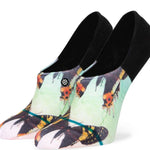 Stance Ladies' No Show Aflutter 2023 - Colorful butterfly pattern on a light green background with black trim at top and toe.
