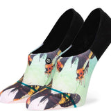 Stance Ladies' No Show Aflutter 2023 - Colorful butterfly pattern on a light green background with black trim at top and toe.