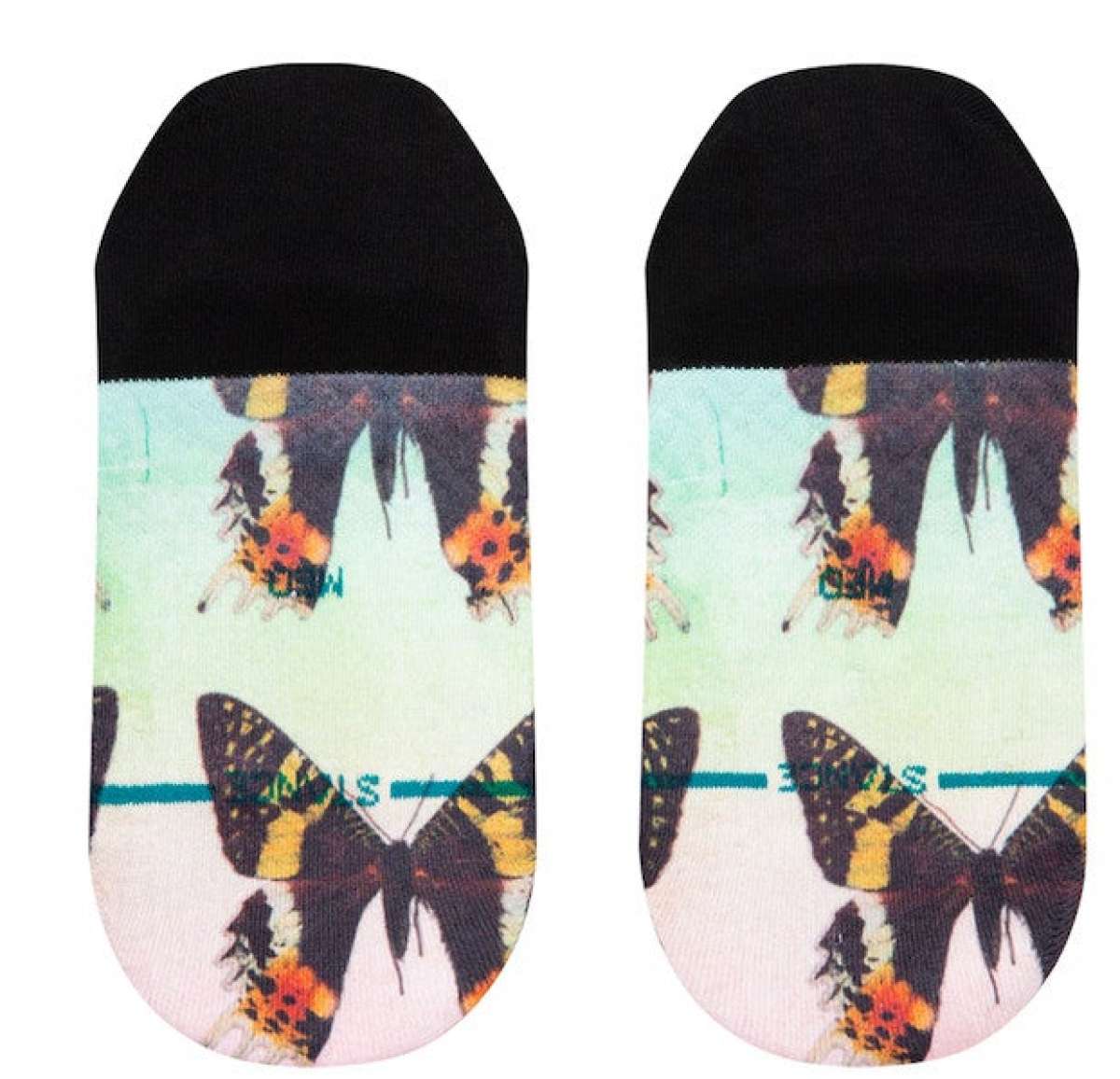 Stance Ladies' No Show Aflutter 2023 - Colorful butterflies with orange, yellow, and black wings on a light green background.