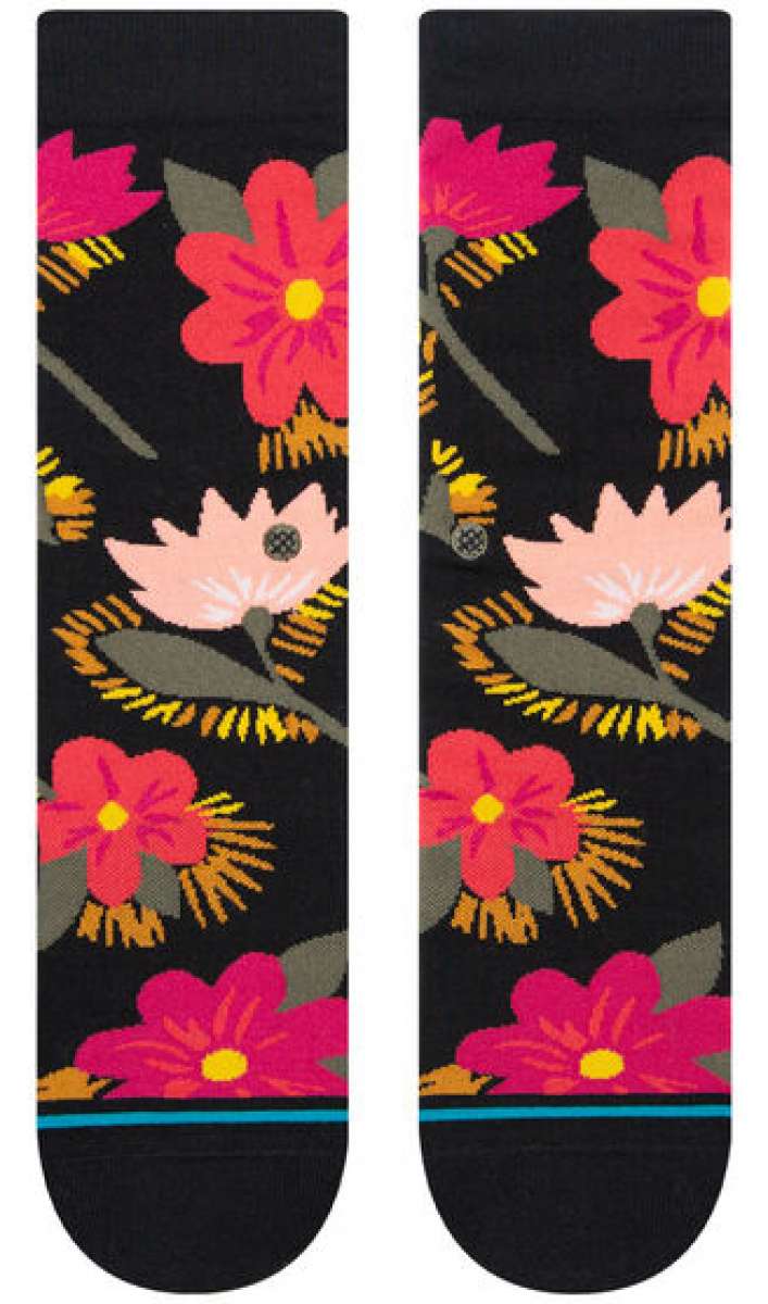 Stance Ladies Sight To See Crew Socks 2023 - Black crew socks with pink and orange flowers, green leaves, and yellow accents.