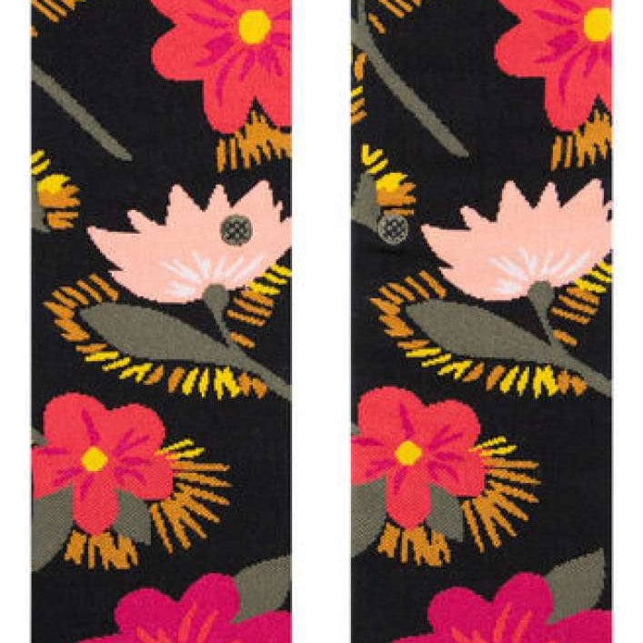 Stance Ladies Sight To See Crew Socks 2023 - Black crew socks with pink and orange flowers, green leaves, and yellow accents.