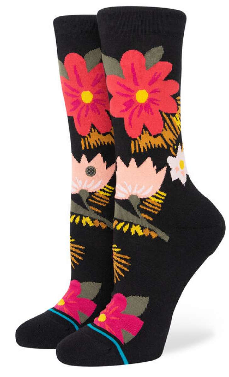Stance Ladies Sight To See Crew Socks 2023 - Black crew socks with pink flowers and green leaves.