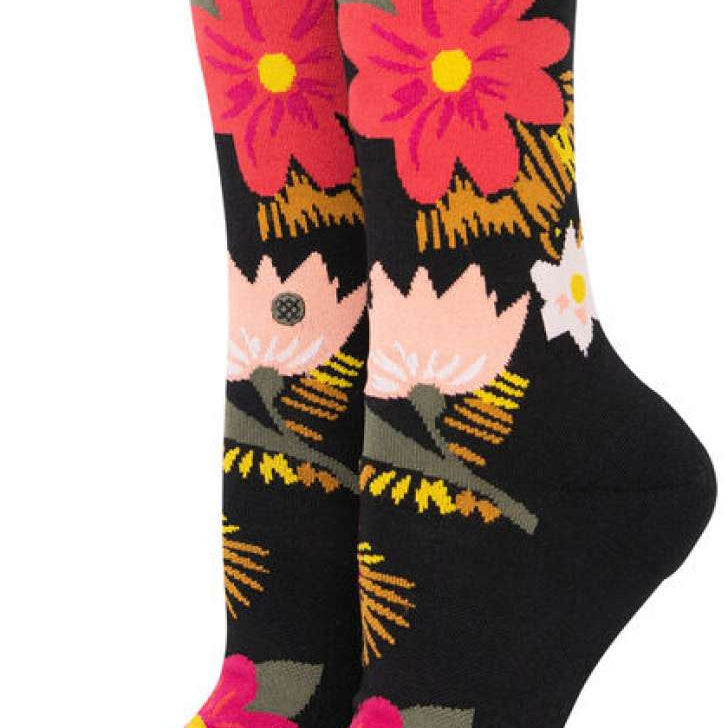 Stance Ladies Sight To See Crew Socks 2023 - Black crew socks with pink flowers and green leaves.