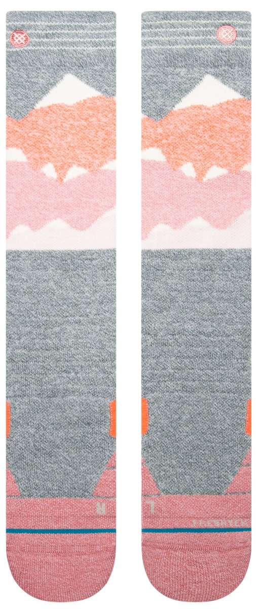 Stance Lonely Peaks Snow Sock 2024 - A pair of snow socks with a pink and white mountain graphic on a gray background.