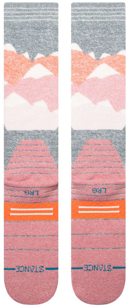 Stance - Lonely peaks design in shades of pink, white, and gray on a light gray background.