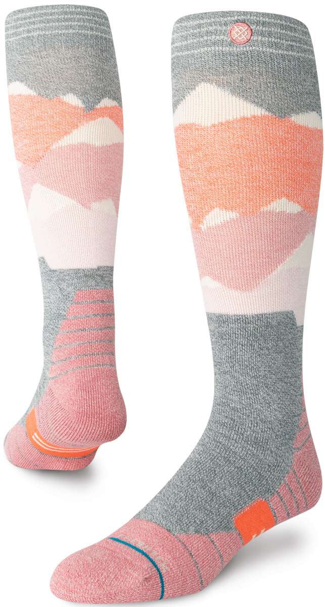 Stance Lonely Peaks Snow Sock 2024 - A pair of snow socks with a pink and grey color scheme, featuring a mountain range design on the top portion.