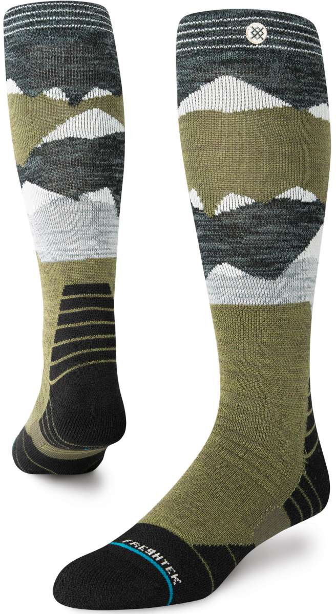 Stance Lonely Peaks Snow Sock 2024 - A pair of snow socks with a green and white mountain design on top, black toes and heels.