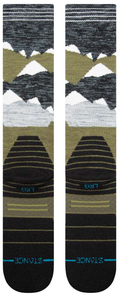 Stance - Lonely peaks design with snow-capped mountains in shades of white and gray on a green background.
