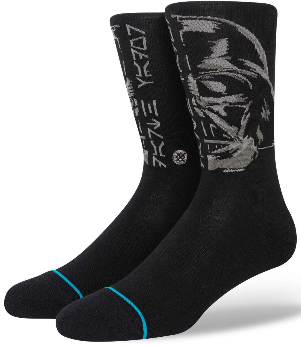 Stance Lord Vader Crew Socks 2023 - A pair of black crew socks with a large gray graphic of Darth Vader's helmet on the top portion.