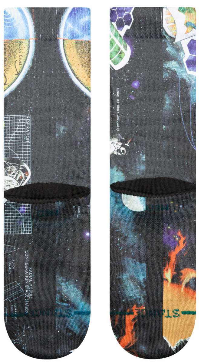 Stance M485A Crew Sock 2024 - Black crew socks with white and blue geometric shapes.