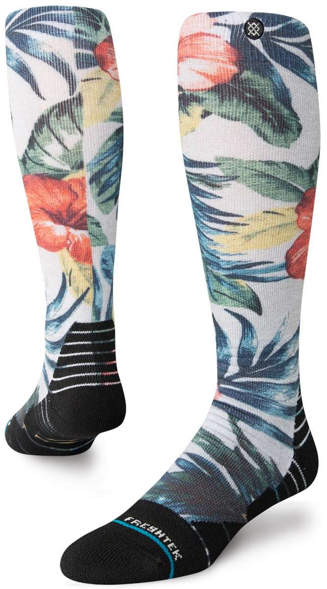 Stance Mai Kai Snow Sock 2024 - White socks with a tropical floral pattern featuring pink, green, and yellow flowers.
