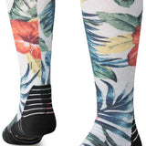Stance Mai Kai Snow Sock 2024 - White socks with a tropical floral pattern featuring pink, green, and yellow flowers.