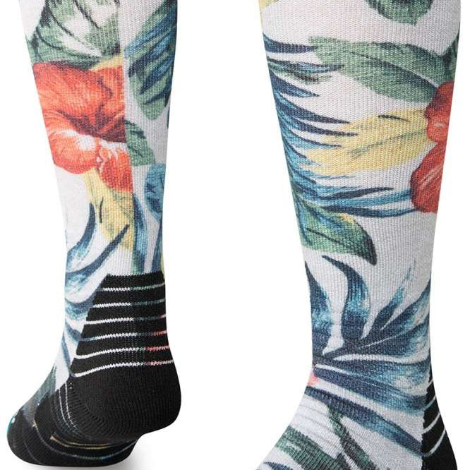 Stance Mai Kai Snow Sock 2024 - White socks with a tropical floral pattern featuring pink, green, and yellow flowers.