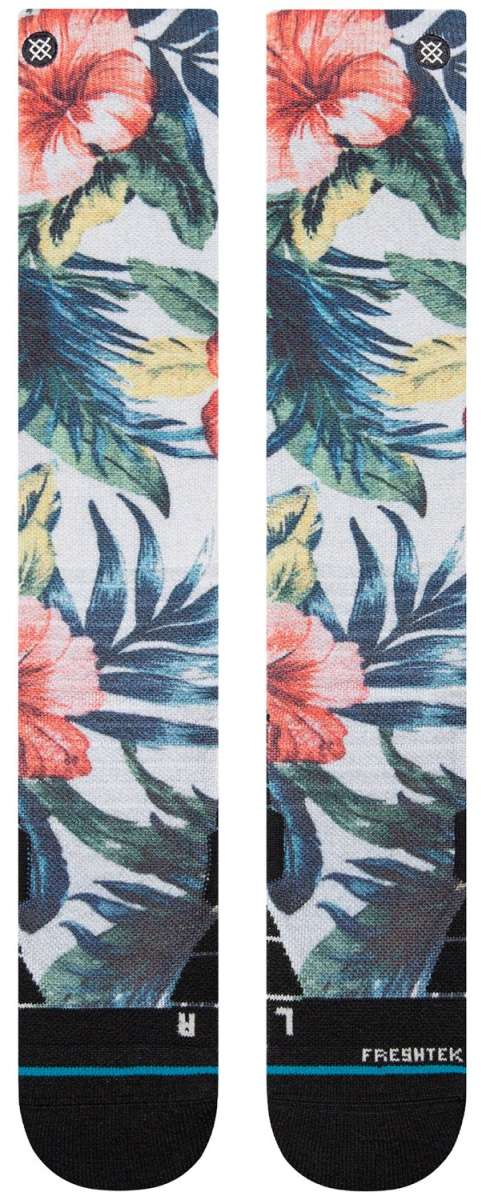 Stance Mai Kai Snow Sock 2024 - White snow socks with a repeating pattern of blue and red palm trees.