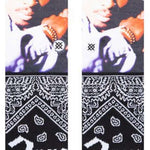 Stance Makaveli Crew Sock 2023 - A pair of crew socks featuring a portrait of Tupac Shakur wearing a purple bandana and white shirt.