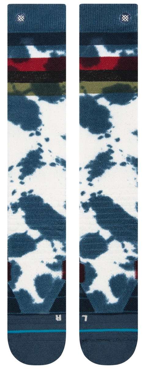 Stance Maliboo Dye Snow Sock 2023 - A pair of snow socks with a blue and white tie-dye pattern on a white background.