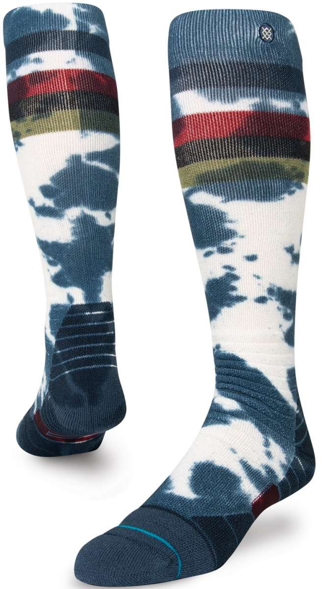 Stance Maliboo Dye Snow Sock 2023 - A pair of snow socks with a tie-dye pattern in shades of blue and white, featuring red stripes at the top.