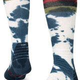 Stance Maliboo Dye Snow Sock 2023 - A pair of snow socks with a tie-dye pattern in shades of blue and white, featuring red stripes at the top.