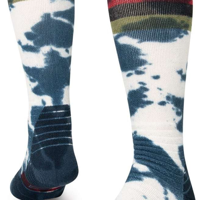 Stance Maliboo Dye Snow Sock 2023 - A pair of snow socks with a tie-dye pattern in shades of blue and white, featuring red stripes at the top.