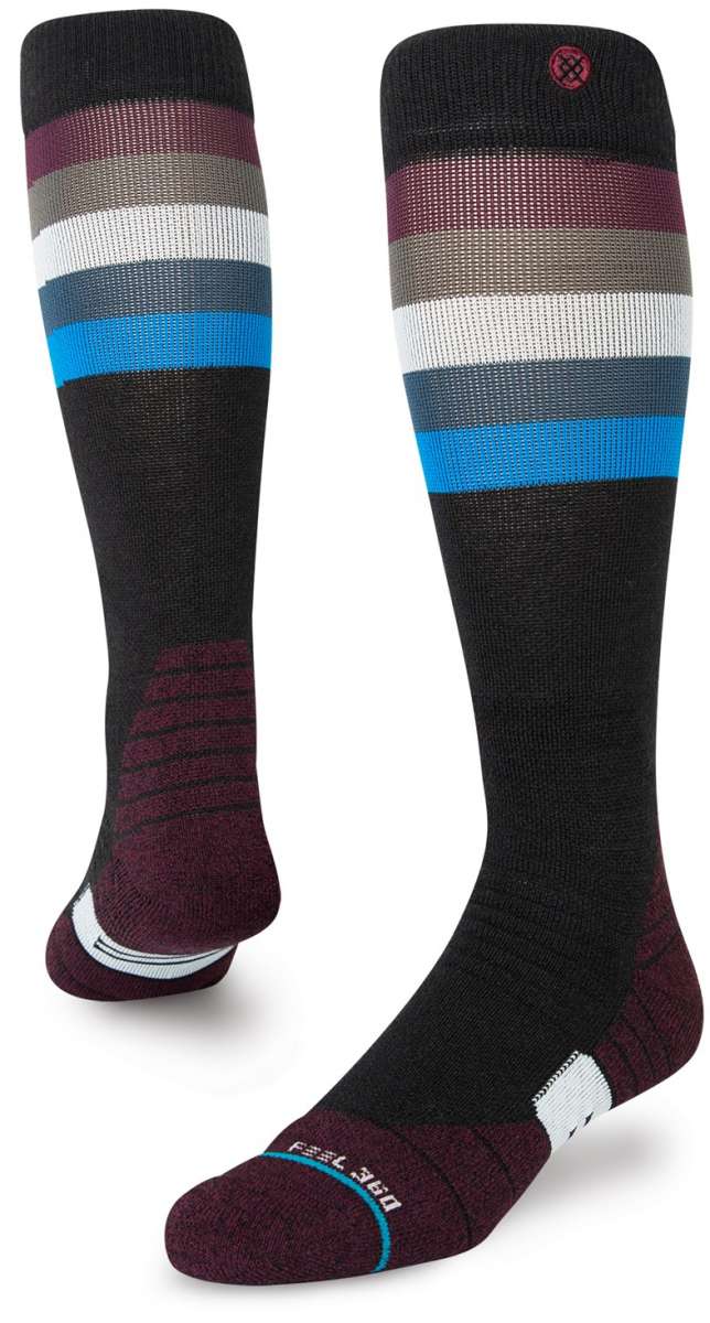 Stance Maliboo Snowboard Socks 2023 - Black socks with a blue stripe and white logo on top of foot.