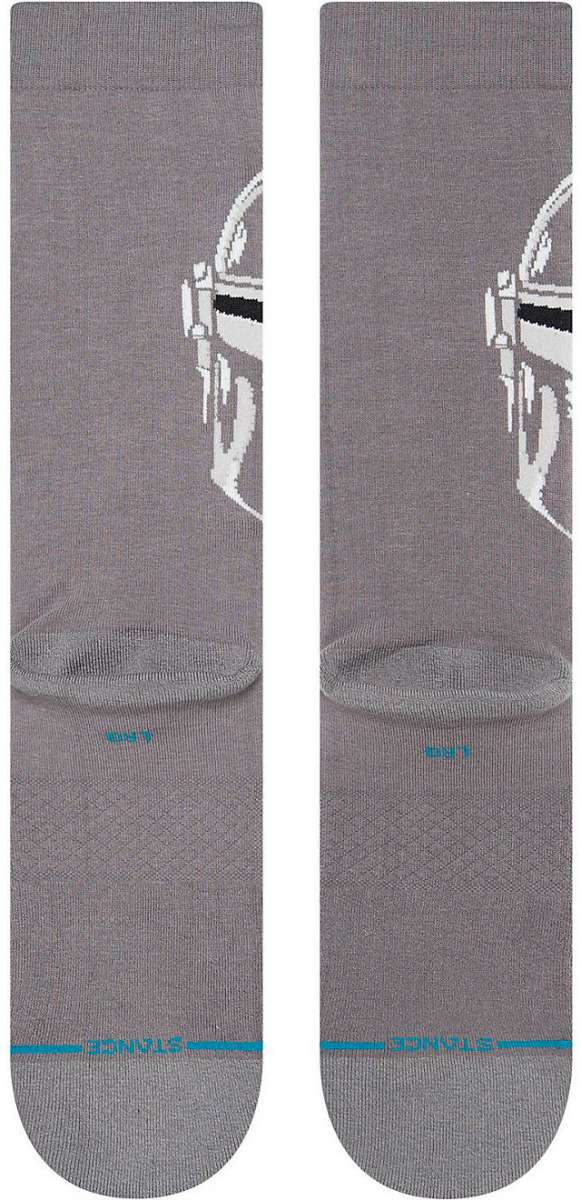 Stance Mando Crew Socks 2023 - A pair of gray crew socks with a white Mandalorian helmet graphic on the front.