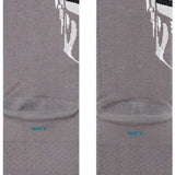 Stance Mando Crew Socks 2023 - A pair of gray crew socks with a white Mandalorian helmet graphic on the front.