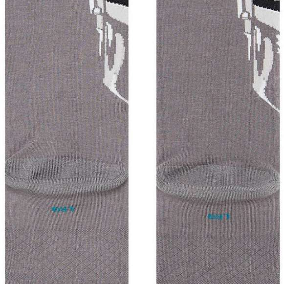 Stance Mando Crew Socks 2023 - A pair of gray crew socks with a white Mandalorian helmet graphic on the front.