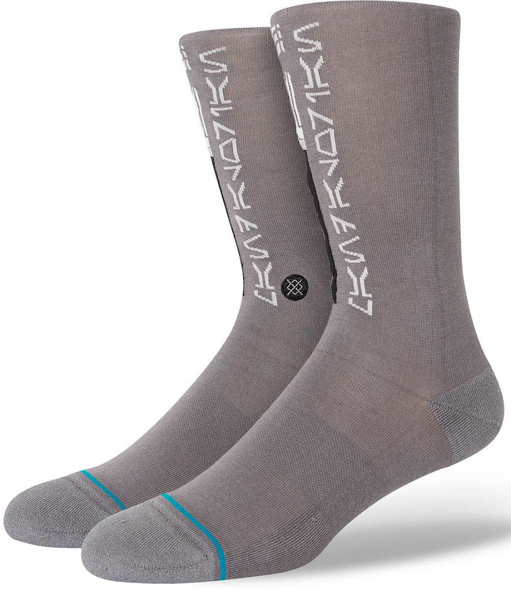 Stance Mando Crew Socks 2023 - Gray crew socks with white logo on top and blue stripe at toe.