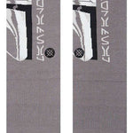 Stance Mando Crew Socks 2023 - A pair of gray crew socks with a white Mandalorian helmet graphic on the top portion.