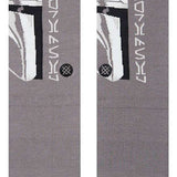 Stance Mando Crew Socks 2023 - A pair of gray crew socks with a white Mandalorian helmet graphic on the top portion.