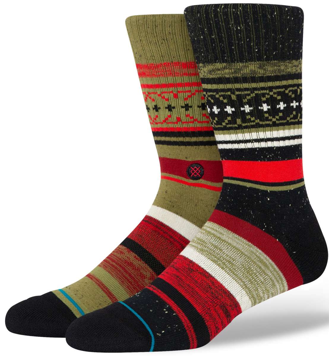 Stance Merry Merry Crew Sock 2024 - Red crew socks with green snowflakes and holly printed on them.