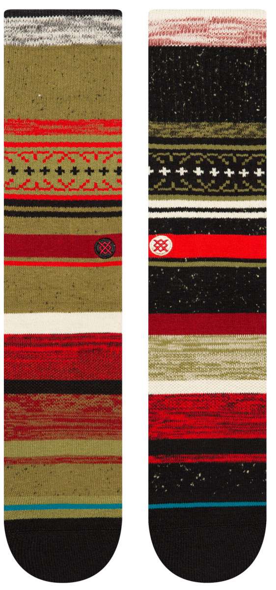 Stance Merry Merry Crew Sock 2024 - Red snowflakes on a green background with white trim and black dots.